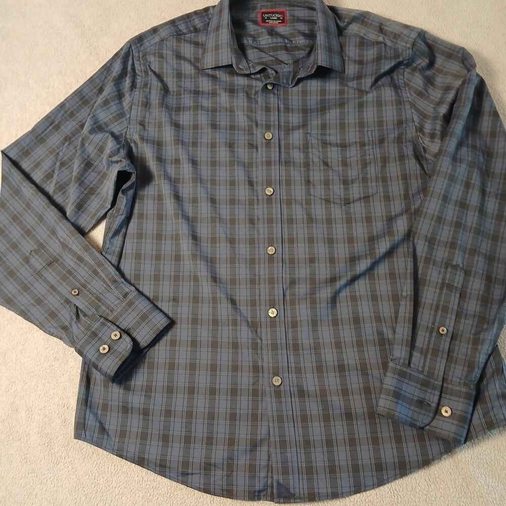 Untuckit Mens Size Large Button-Down Blue Plaid EUC